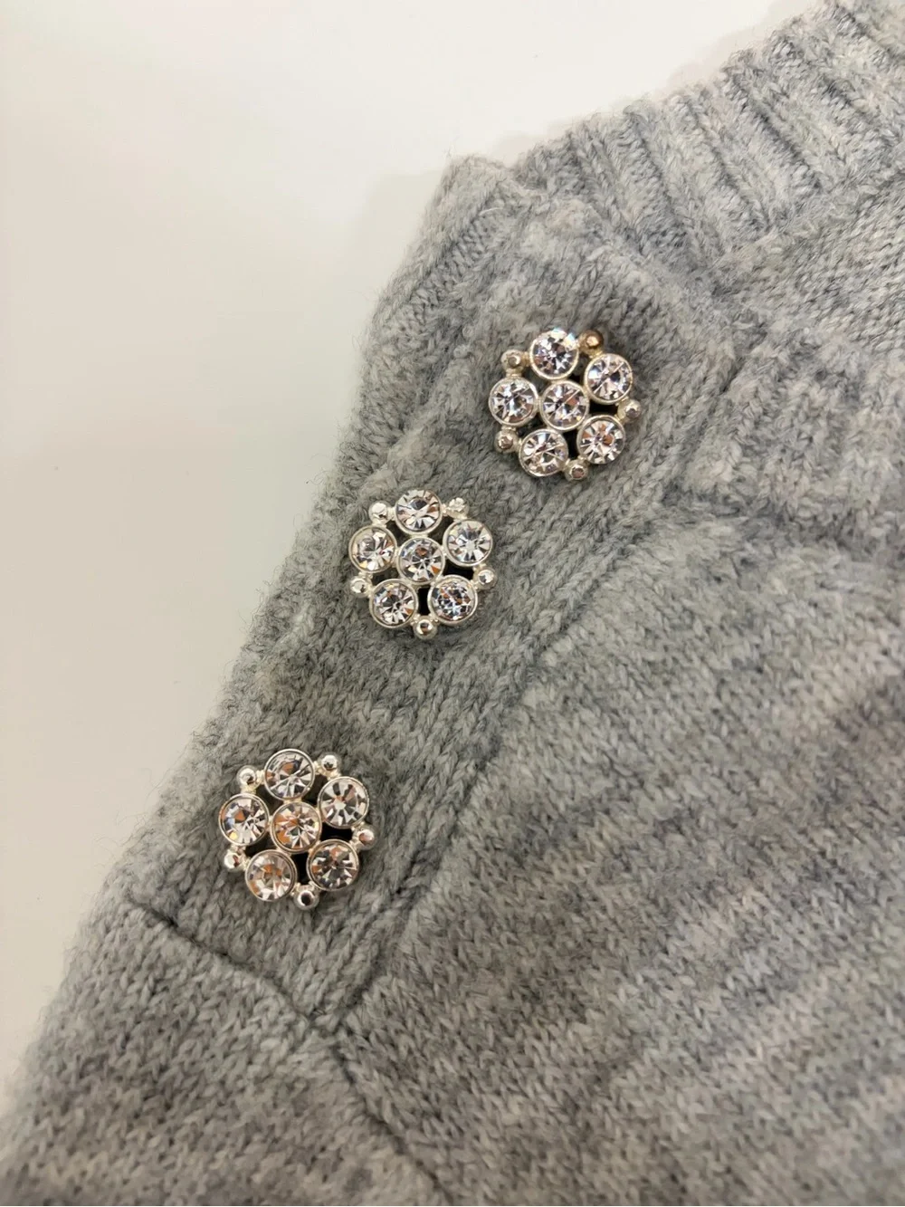 crown & ivy Light Gray Crewneck Sweater with Rhinestone Shoulder Buttons